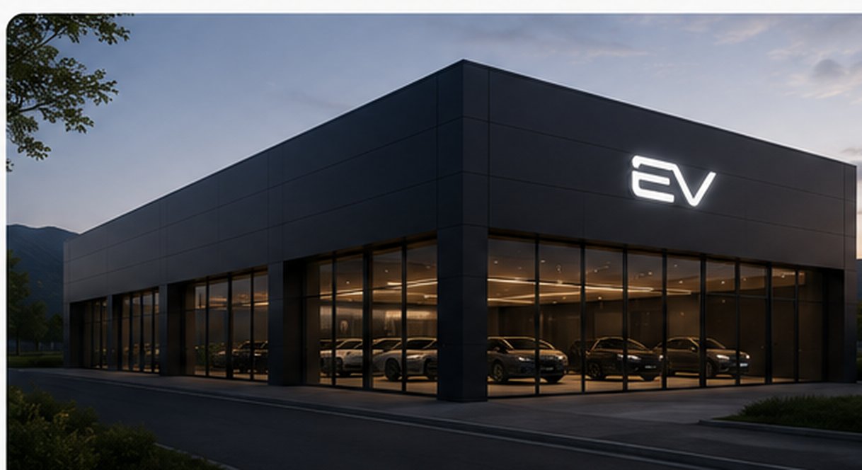 EV Run Global flagship showroom at dusk